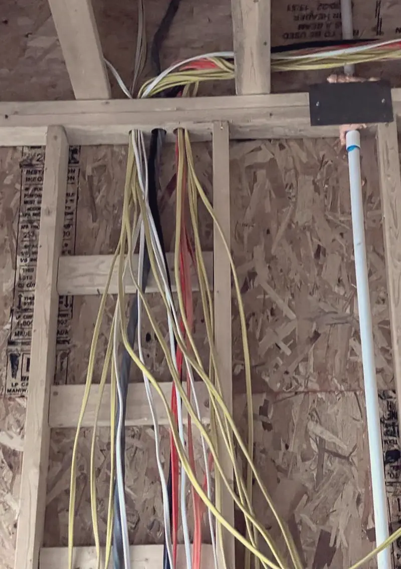 Bundles of yellow and white cable dropping through the top plate of a new house's framing