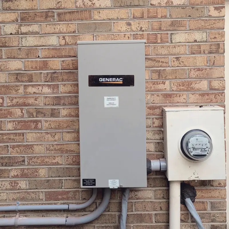 A Generac transfer switch and the electric meter mounted square on a brick wall, conduit running below